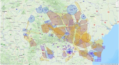 Hartă UAS România cu zone restricționate, aerodromuri și NOTAM